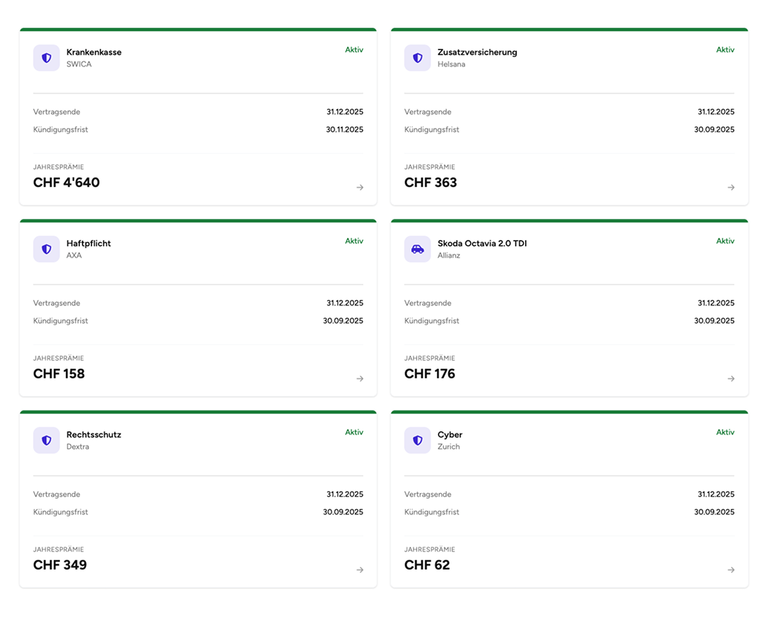 Overview of a user's insurance portfolio including health, life, and liability coverages