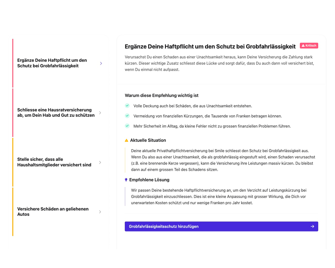 Personalized insurance recommendations showing security gaps and optimization opportunities