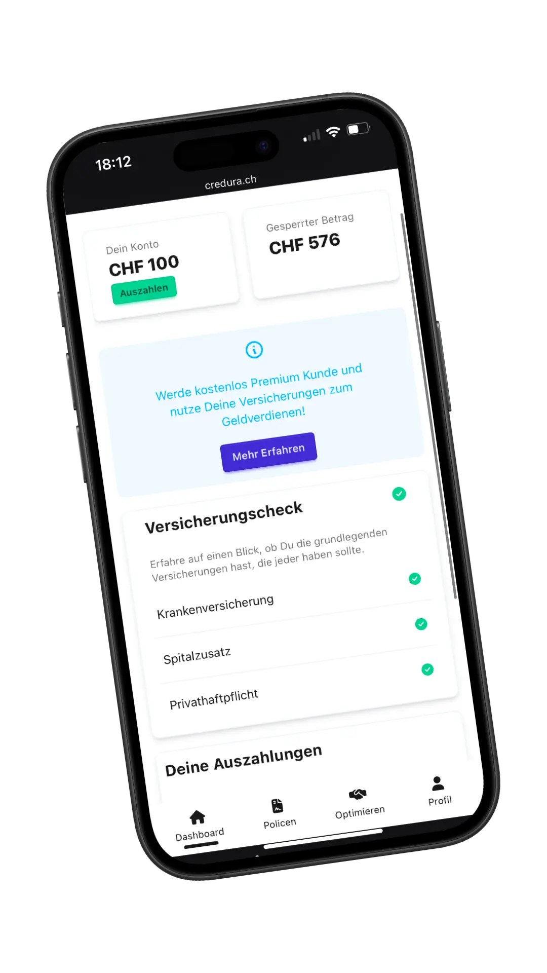 User's insurance portfolio with health, accident, and liability policies marked as fully covered